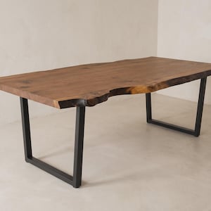 Custom Live Edge Solid Wood Dining Table 48-84 Inch Width, Walnut Oak Farmhouse Table with Metal Legs, 1.8 Inch Thick Kitchen Centerpiece