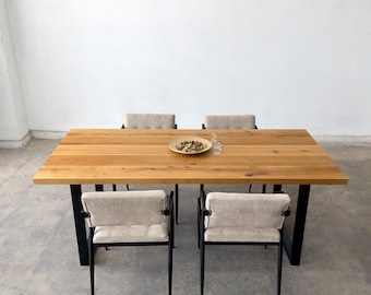 Solid Oak Dining Table, Industrial Modern Kitchen Table, Solid Wood Dining Table, Custom Metal Legs, Wooden Dining Furniture