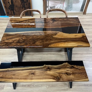 Custom Live Edge Walnut Epoxy Resin Table with Optional Bench