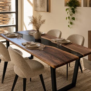 Walnut Epoxy River Dining Table, Transparent Black Resin River Table, Live Edge Wood Table, Modern Dining Table, Handmade Furniture