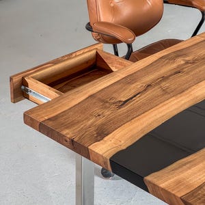 Live Edge Walnut Desk with Drawer, Black Epoxy River Office Table, Custom Solid Wood Computer Desk, Stainless Steel U Legs, Handcrafted Gift