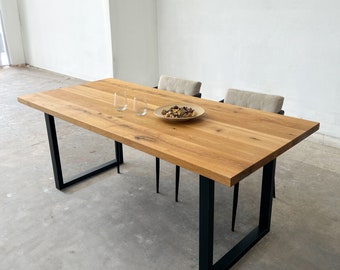 Solid Oak Dining Table, Industrial Modern Kitchen Table, Solid Wood Dining Table, Custom Metal Legs, Wooden Dining Furniture
