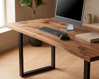 Solid Walnut Desk with Industrial Metal Legs, Live Edge Wooden Computer Table for Home Office, Mid Century Modern Executive Desk, Wood Desk