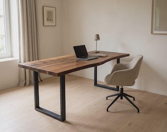 Live Edge Solid Walnut Desk, 1.7 Inch Thick Metal Base & Standing Desk Top
