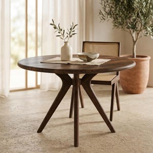 Op de afbeelding: Een ronde eettafel van donker hout met vier schuine poten, voorzien van een lichtkleurige rechthoekige placemat, een crèmekleurige keramische vaas met groene olijftakken en een ondiepe kom met patroon op het tafelblad.