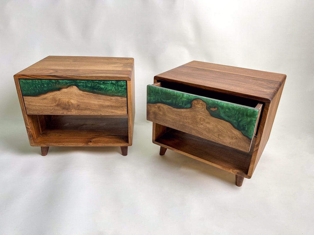 Epoxy Nightstand With Drawer and Shelf, Bedside Table, Live Edge Walnut