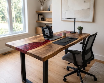 Custom Live Edge Walnut Resin River Desk, Solid Wood Modern Office Table