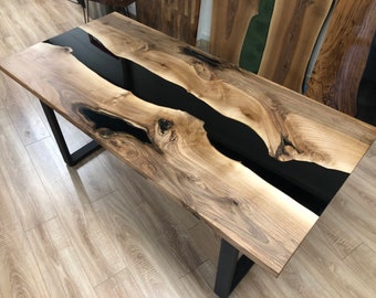 Made to Order Black Walnut Epoxy Dining Table, Live Edge Dining Table, Solid Wood Table, Black Resin Detail, Black Metal Legs
