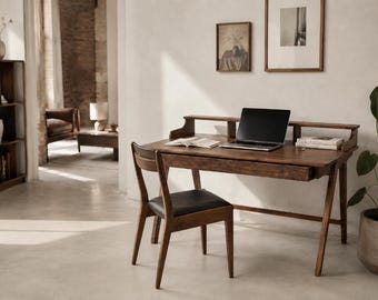Handgemaakt notenhouten kaptafel, massief houten bureau, bureau uit het midden van de eeuw, houten bureau met lades, bureau aan huis