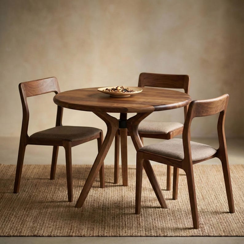 Round solid walnut dining table featuring a smooth circular tabletop with rich dark wood grain and sculptural base design, handcrafted wooden table with elegant curved support structure, mid century modern style furniture with warm natural wood tones, styled in a minimal interior setting on a woven rug with decorative bowl on top, ideal for kitchen, dining room, or small space use, durable hardwood construction with timeless and functional design, custom size options available