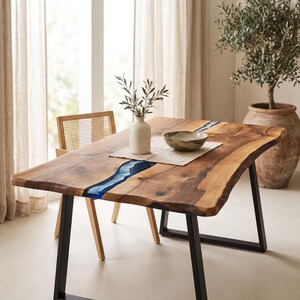 Custom Live Edge European Walnut Blue Epoxy River Dining Table, Metal Base