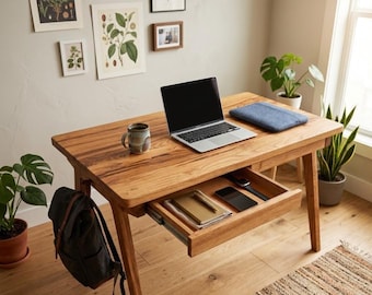 Custom Solid Chestnut Wood Computer Desk, Rustic Modern Desk & Drawers