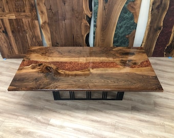 Walnut Epoxy Dining Table, Custom Solid Wood Table, Live Edge Wood Dining Table, Gloss Varnish Finish, Handmade Furniture