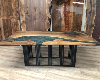 Custom Walnut Epoxy River Table, Colored Resin Table, Gloss Varnish Finish, Live Edge Wood Table, Handcrafted Statement Furniture