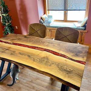 Custom Live Edge Red Epoxy River Table: Handcrafted Walnut Dining Table