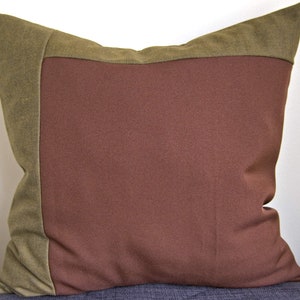 Unique Handmade Brown + Green Repurposed Fabric Patchwork Decorative Pillow Cover 18x18 Upcycled Artisanal Throw Cushion Eco-Friendly Decor