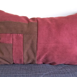 Unique Handmade Red + Brown Repurposed Faux Suede Decorative Patchwork Pillow Cover 11x17 Upcycled Artisanal Throw Cushion EcoFriendly Decor