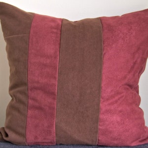 Unique Handmade Red + Brown Striped Repurposed Faux Suede Decorative Patchwork Pillow Cover 16x16 Upcycled Artisanal Throw Cushion Eco Decor