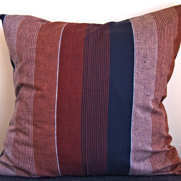 Handmade Red Blue Striped Accent Pillow Cover 11x17 16x16 18x18 Upcycled Reclaimed Fabric Decorative Throw Cushion Eco Sustainable Decor