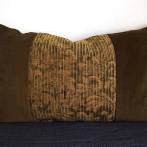 Unique Artisanal Handmade Green and Brown Repurposed Upholstery Patchwork Decorative Pillow Cover 11x17 Christmas Housewarming Cushion Gift