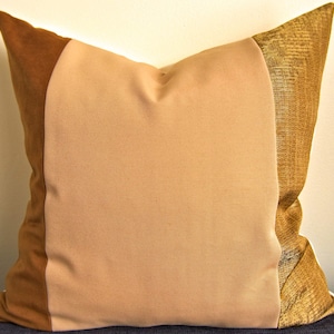 Boho Brown Faux Suede Gold Beige Patchwork Decorative Accent Cushion Cover 18x18 Unique Artisanal Handmade Throw Pillow Reclaimed Eco Decor
