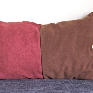 Unique Handmade Red + Brown Repurposed Faux Suede Decorative Patchwork Pillow Cover 11x17 Upcycled Artisanal Throw Cushion EcoFriendly Decor