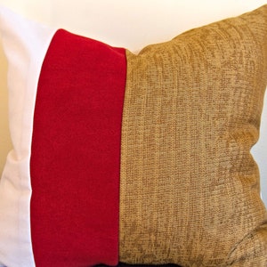 Unique Artisanal Gold White + Red Velvet Patchwork Decorative Pillow Cover 16x16 Upcycled Repurposed Fabric Handmade Throw Cushion Eco Decor