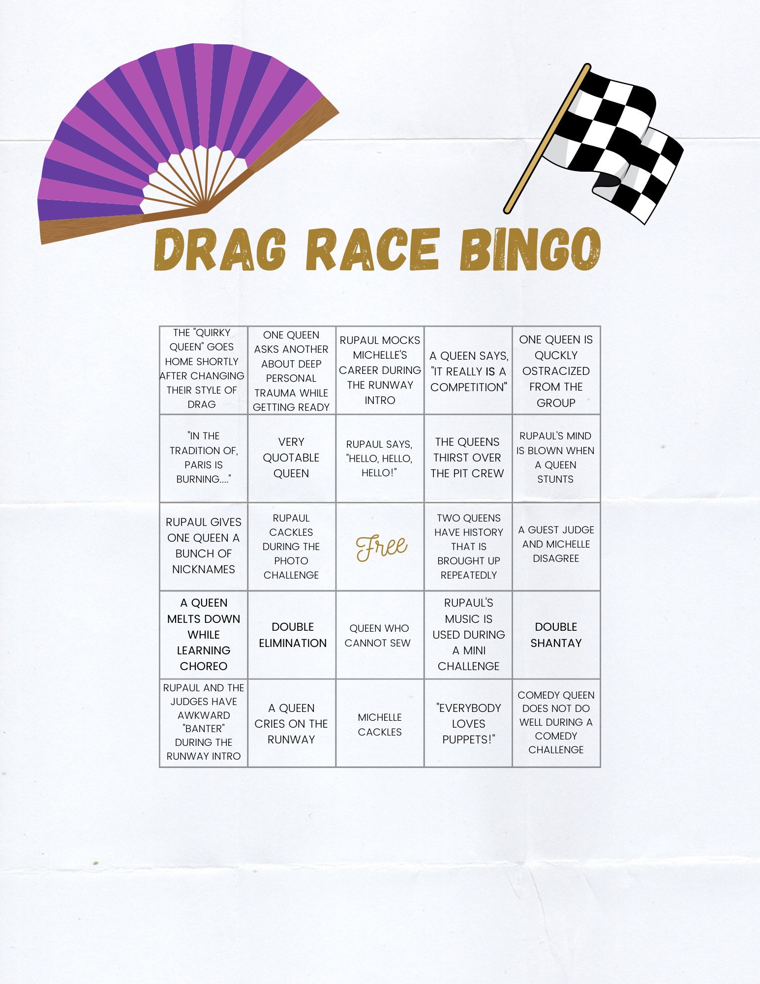 Rupaul's Drag Race Bingo Cards Printable 5 - Etsy