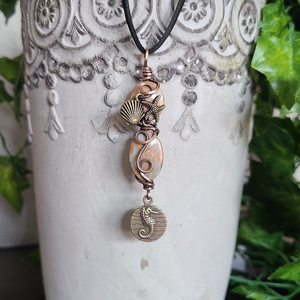 Venilia~ Venus Jasper with Seashell, Starfish, and Seahorse Charms Wire Wrapped in Antiqued Copper Pendant Necklace ~ Handmade Jewelry Gifts