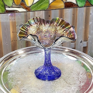 Cuenco de cristal con base Fenton azul y dorado de carnaval, coleccionable, vintage, Comport, cuenco con medallón persa Fenton, Comport vintage, regalo para ella