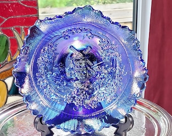 Windmill Pattern Bright Blue Carnival Glass Ruffle Top Bowl , Summit Glass Co, Retro Bowl, Catch All Bowl   >>>FREE SHIPPING <<<