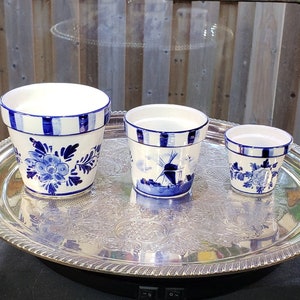 Vintage Windmill Delft Small Planter Set Of Three  - Elesva Holland Pottery, Dutch Pottery, Spring Planter, Flower Pots