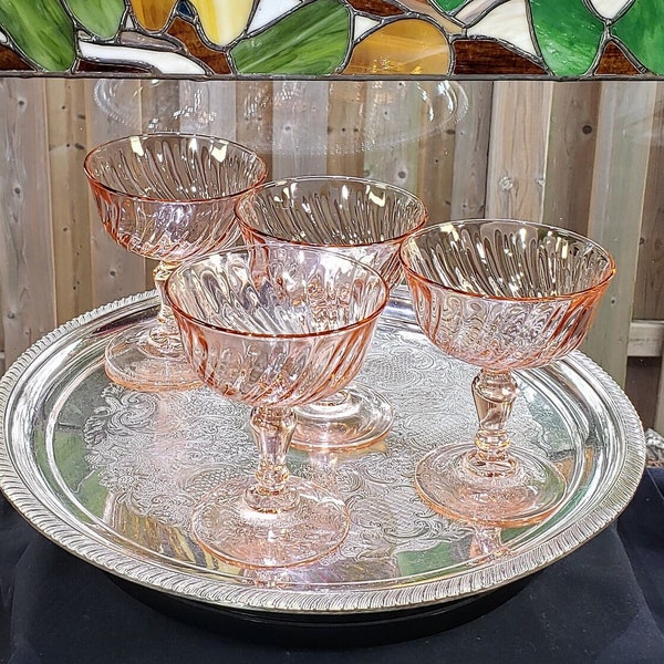 Vintage French Made Pink Rosaline Swirl Champagne Coups - Set Of Four - Swirl Glassware, Pink Dessert Glasses, Acoroc Glasses, Free Shipping