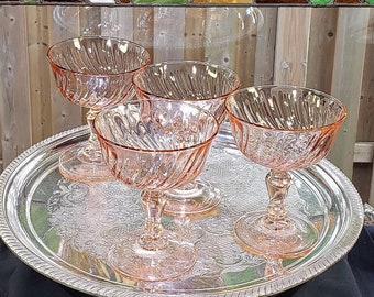 Vintage French Made Pink Rosaline Swirl Champagne Coups - Set Of Four - Swirl Glassware, Pink Dessert Glasses, Acoroc Glasses, Free Shipping