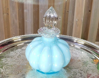 Vintage 1940s Blue Overlay Fenton Melon Perfume Bottle With Stopper - Vintage Perfume Bottle, Fenton Glass, Free Shipping