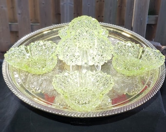 Antique Richards & Hartley Clover Pattern Vaseline Glass Berry Bowls - Set Of 5 - Uranium Glass, EAPG, Victorian Glassware, Free Shipping