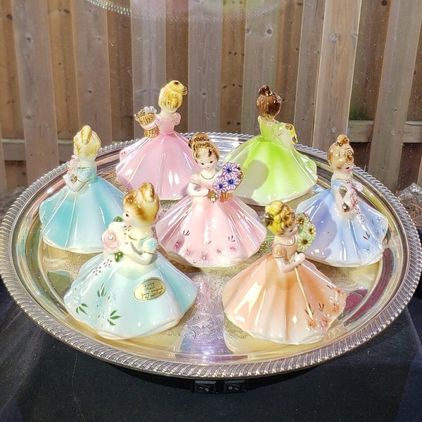 Vintage Josef Originals Birthday Figurines Group Of 7  - Birthstone Figurines, Made In Japan, Vintage Dolls, Flower Girls