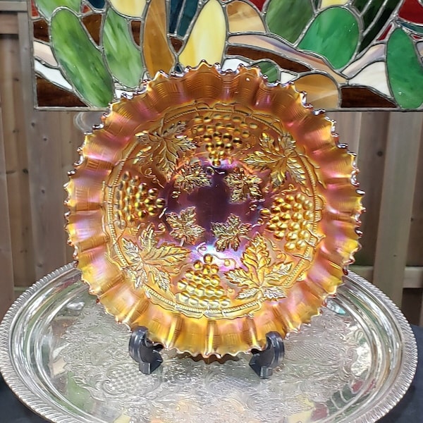 Vintage Northwood Carnival Glass Plate: Exquisite Grape & Cable Design in Amethyst, Enhanced with Gold and Purple Iridescence