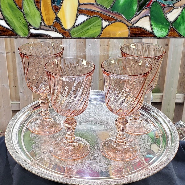 Vintage French Made Pink Rosaline Swirl Wine Glasses - Set Of Four - Swirl Glassware, French Glasses, Pink Wine Goblets, Free Shipping