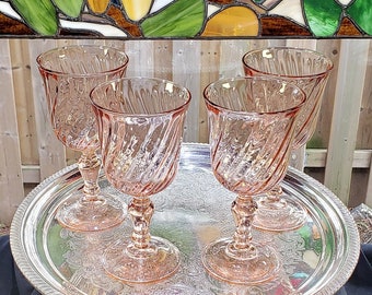 Vintage French Made Pink Rosaline Swirl Wine Glasses - Set Of Four - Swirl Glassware, French Glasses, Pink Wine Goblets, Free Shipping