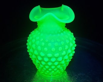 Vintage Fenton Topaz Opalescent 5 1/2 Hobnail Vaseline Glass Vase - Vaseline Glass, Vintage Uranium Glass, Fenton Glass, Free Shipping