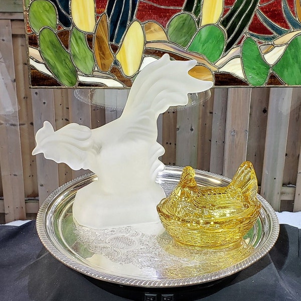 Frosted LE Smith Glass Rooster with Light Amber Yellow Split Tail Hen On A Nest Grouping - Farmhouse Decor, Amber HON, Glass Rooster