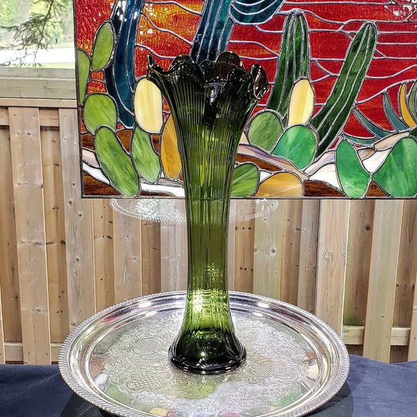 Collectible Vintage Forest Green Swung Glass Vase - Mid-Century Modern 13 Inch - MCM Decor, Vintage Vase, Green Flower Vase