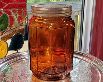 Vintage Amber Lidded Glass 6 Panel Jar With Inlayed 2 Panel Label Holder, Retro  Tabaco Jar, Metal Lid