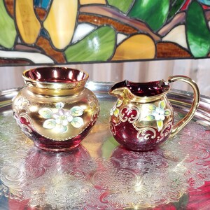 Vintage Italian Ruby Red Vase and Pitcher - Gold Trim and Hand Painted Flowers  - Retro Decor, Italian Decor