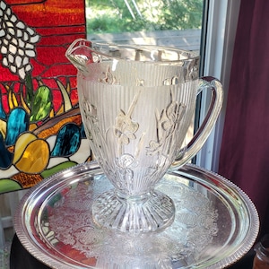 Vintage Jeanette Iris and Herringbone Clear Glass Footed Pitcher - 1920s , Glass Pitcher, Retro Pitcher, Vintage Pitcher