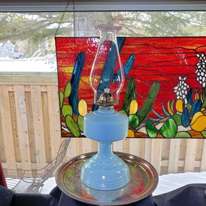 Vintage Blue Ocean Breeze Painted Glass Oil Lamp - Restored Farmhouse Decor