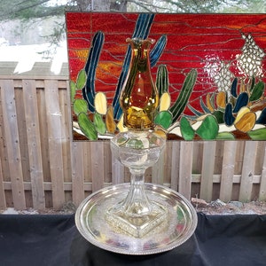 Vintage Greek Key Oil Lamp with Amber Chimney, Circa 1900