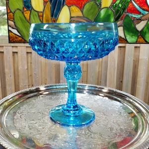 Vintage Indiana Glass Comport: Bright Blue Diamond Pattern Candy Dish