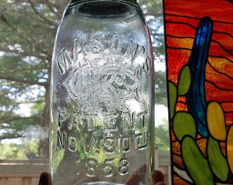 Mason's KGBCo Patent Nov.30th 1858 Half Gallon Mason Jar (Fancy Whittled Monogram)